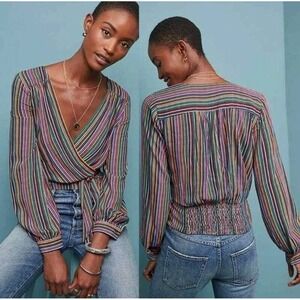 Maeve by Anthropologie ~Lisa Multi Color Striped Wrap Blouse Smocked Back Size 0